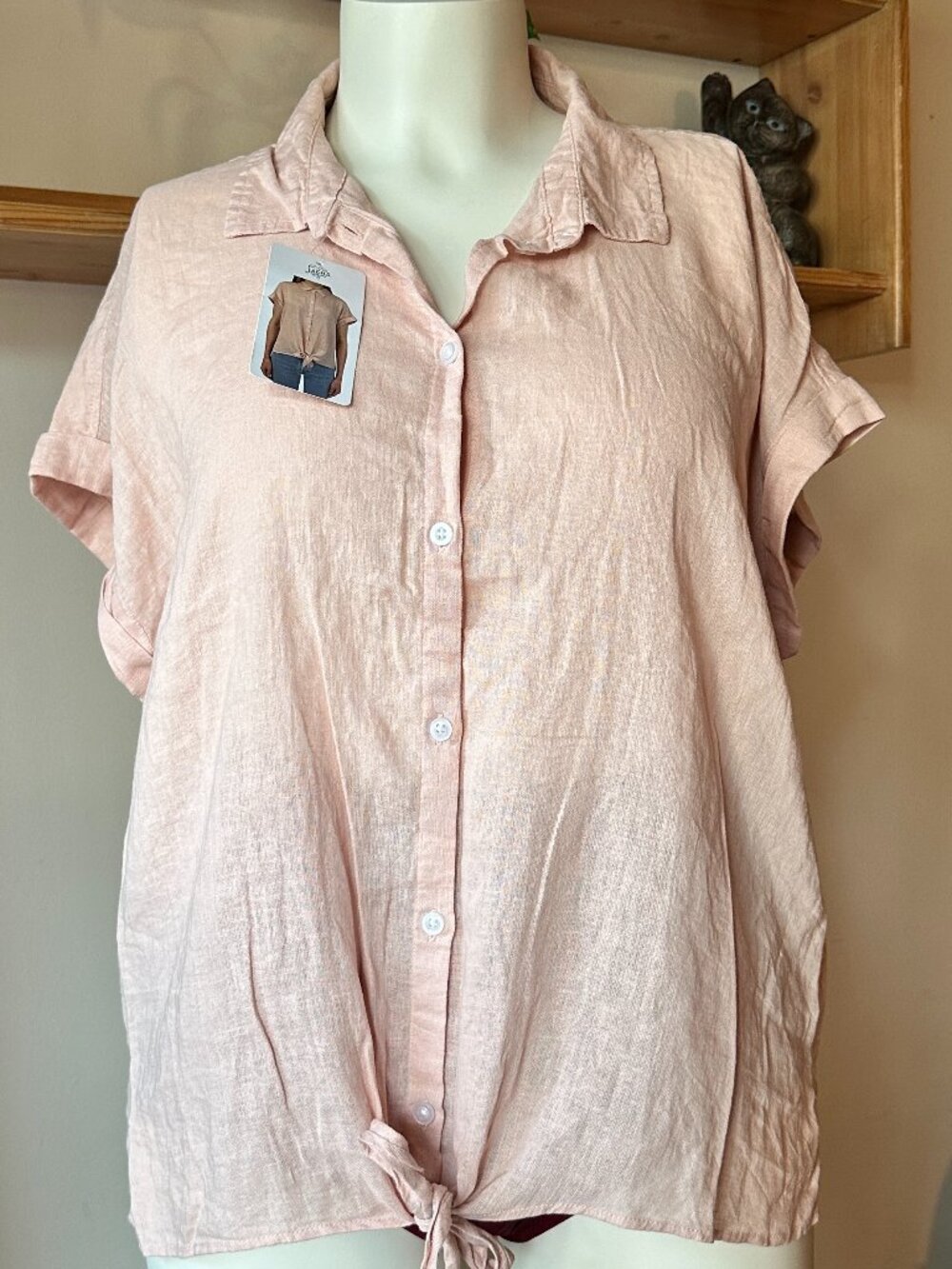 Women's Jach’s Girlfriend NY Linen Blend Pink Button Up Tie Shirt Size xxl NWT